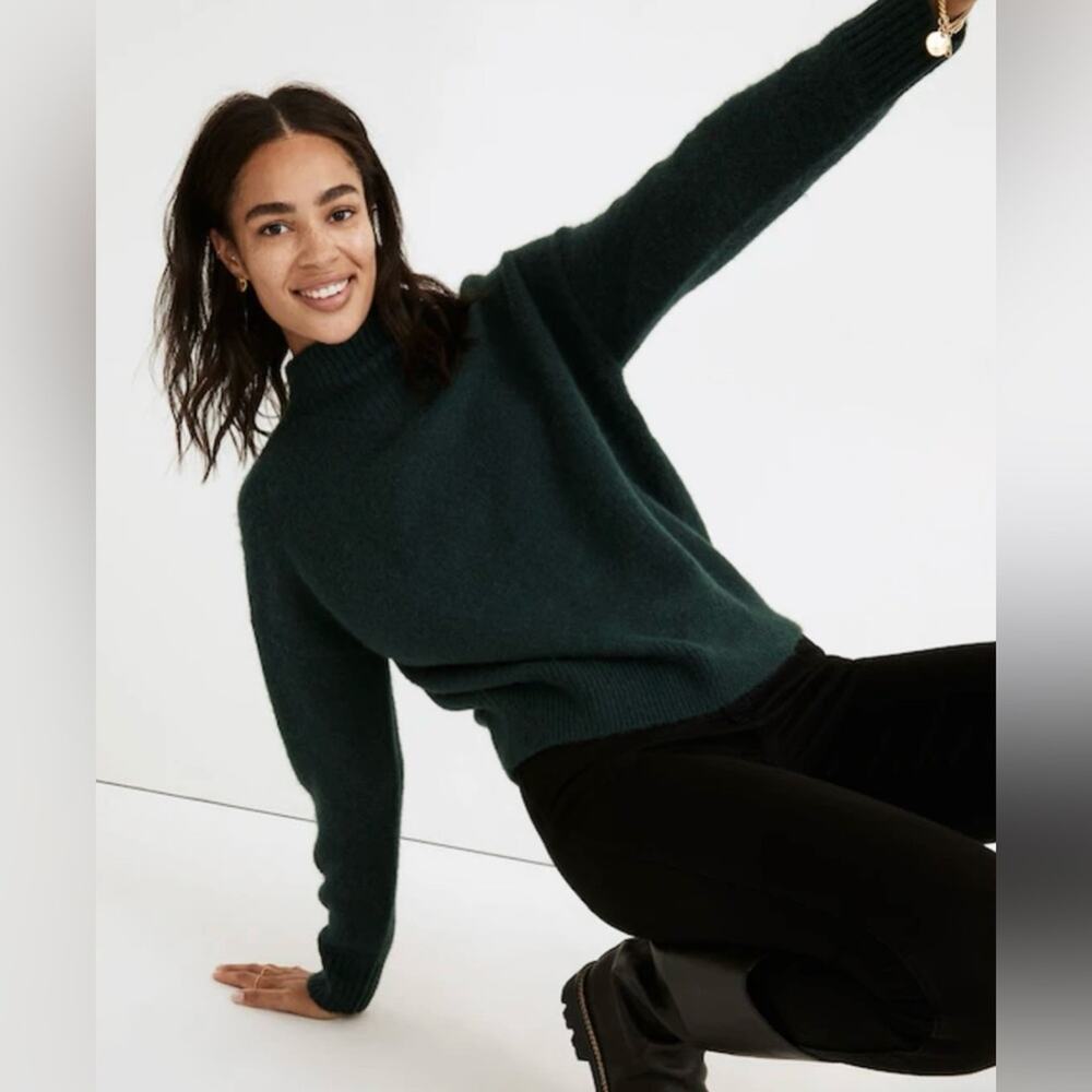 Madewell Dillon Cropped Sweater Ribbed Mock Neck Wool Alpaca Size XS Dark Green - Picture 2 of 16